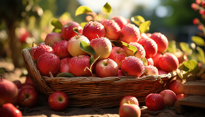 Fresh, ripe apples in a basket, a taste of summer generated by AI