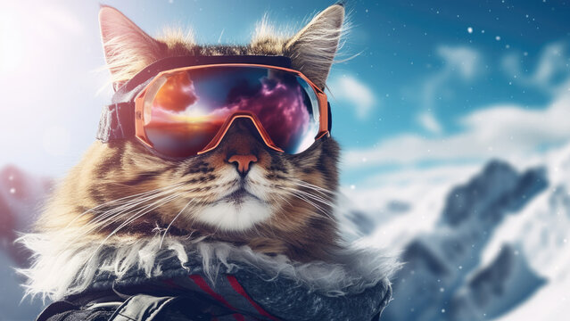 Photo of a cat in sunglasses in the snowy mountains on the winter background.