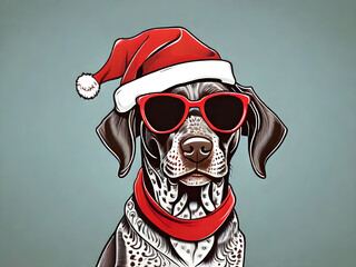 German shorthaired pointer wearing Christmas hat. Happy New Year and Christmas