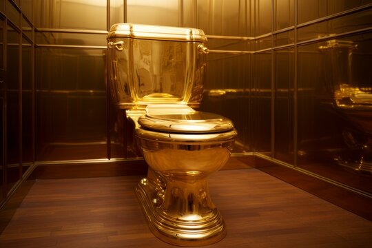 Gold toilet. Golden bowl seat. Generate Ai