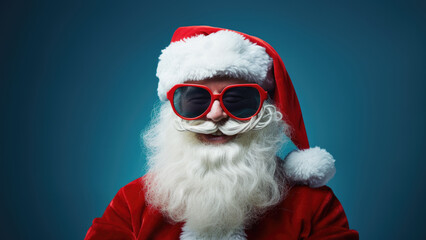 Photo of a cool Santa Claus cheerful in sunglasses on a blue background.