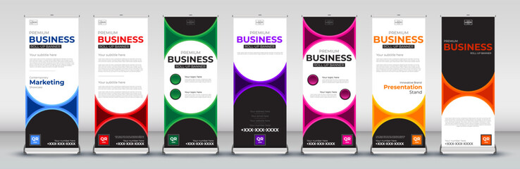 Roll up banner design pack for event ,meetings, presentations,  annual meetings, promotions, exhibitions for standee, x banner and stand in red, blue, green, orange, pink, yellow and purple colors