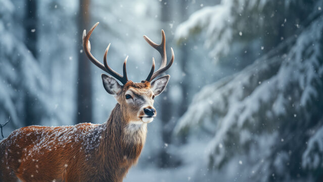 Photo of the deer head on the background of the winter forest.