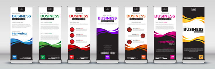 Roll up banner design pack for event ,meetings, presentations,  annual meetings, promotions, exhibitions for standee, x banner and stand in red, blue, green, orange, pink, yellow and purple colors