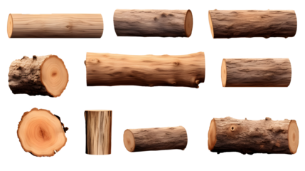 Wooden tree log trunk stump wood on transparent background cutout, PNG file. Many assorted different Mockup template for artwork design