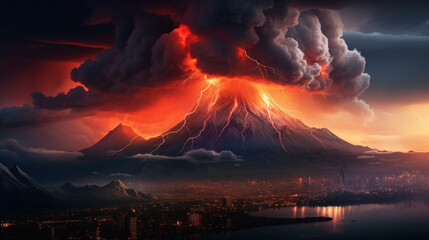 Huge volcano eruption at night, city is in danger