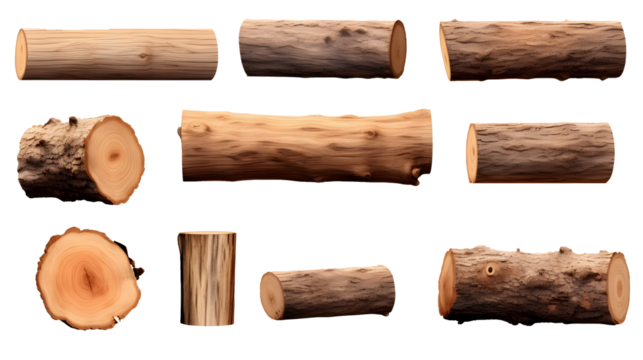 Wooden tree log trunk stump wood on transparent background cutout, PNG file. Many assorted different Mockup template for artwork design