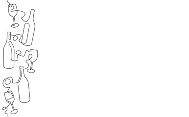 Obraz premium Vertical Seamless Pattern with continuous line drawing bottles and glasses isolated on white background. Wine print. Vector illustration.