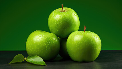 Photo of ripe green apples on the same green background.