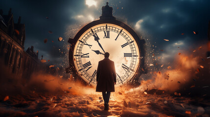 Silhouette of a man standing in front of a huge alarm clock that exploding and burning. Deadline, Time To Act or Time Is Running Out concept