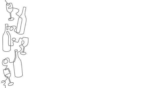 Vertical Seamless Pattern with continuous line drawing bottles and glasses isolated on white background. Wine print. Vector illustration.