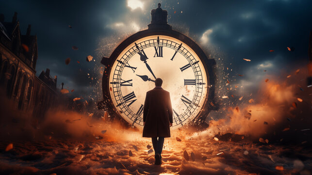 Silhouette of a man standing in front of a huge alarm clock that exploding and burning. Deadline, Time To Act or Time Is Running Out concept