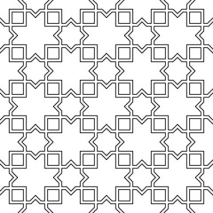 Seamless surface pattern design with Moroccan stars and crosses tiles ornament. Oriental traditional ornamentation with repeated geometric shapes. Ancient mosaic wallpaper. Grid motif. Digital paper.