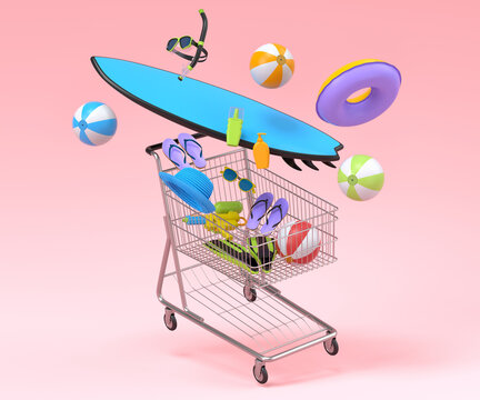 Colorful luggage with beach accessories and shopping trolley on pink background.