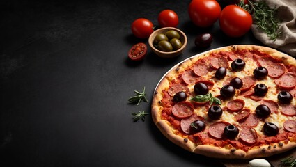 pizza with salami tomatoes and olives