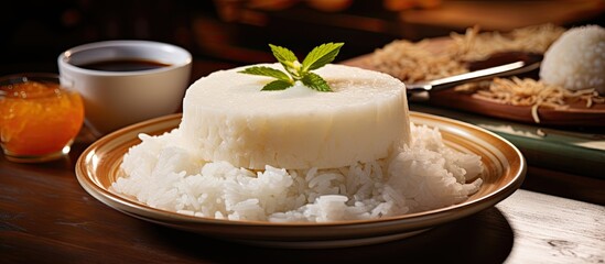 In City, an Asian cuisine aficionado prepared a white cake made with healthy ingredients like rice and coconut, plated with a bamboo base, and topped it with a natural egg-based dessert, low in sugar - obrazy, fototapety, plakaty