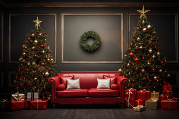 Christmas background with Christmas tree, gifts and sofa against a wall