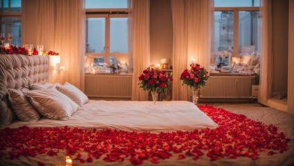 Bedroom with rose flowers, candles