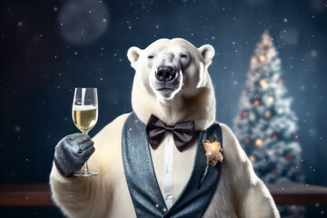 Polar bear drinking champagne on Christmas - obrazy, fototapety, plakaty