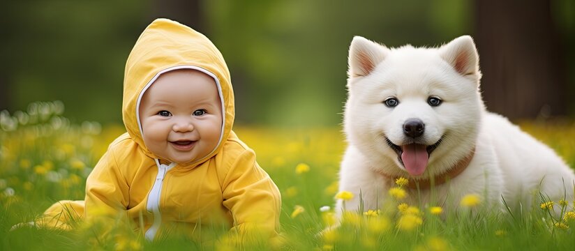 In the picturesque park, a beautiful white baby, wearing a cute yellow outfit, giggled with joy while petting a funny dog in the green grass, creating a heartwarming portrait of nature's happy young