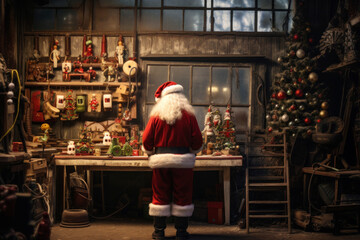 Santa Claus works diligently, creating and wrapping toys in his festive workshop