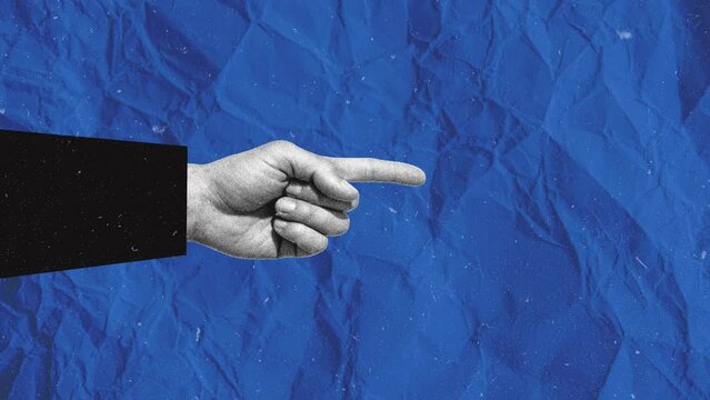 Magazine collage animation motion design hand point finger show right direction empty space isolated on blue background grunge paper texture