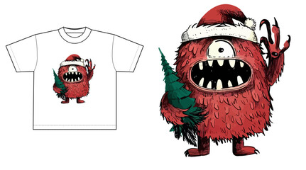 A red monster holding a Christmas tree and celebrating New Year's Eve vector sublimation tshirt sweatshirt