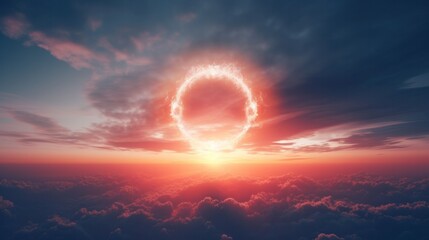 Stunning Annular Eclipse Over Soft Cloud Sunset Sky on a Beautiful Coastal Background
