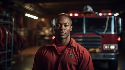 Fototapeta premium Powerful African American Firefighter in front of Fire Engine