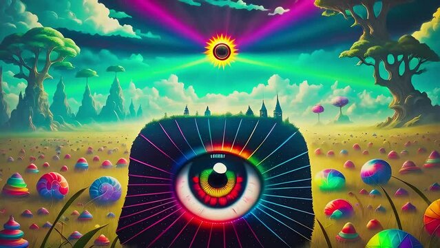 Giant eye in a sun rays fantasy world full of colored candies. Psychedelic surrealism animation.