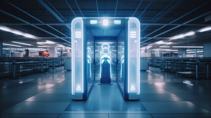 Empty airport checkpoint with passenger scanners and baggage control for travel security