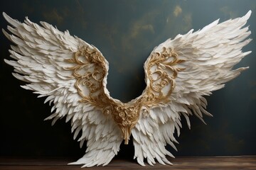 Luminous Golden white angel wings. Bird art. Generate Ai