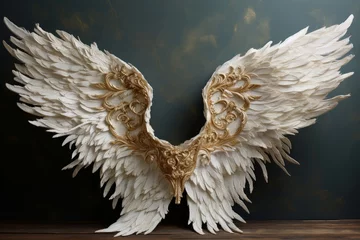 Fotobehang Luminous Golden white angel wings. Bird art. Generate Ai © juliars