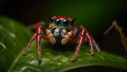 Spooky arachnid leg on green leaf in tropical rainforest generated by AI