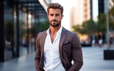 Obraz premium A handsome entrepreneurs is standing in front of tall buildings and look forward to the future with confidence. Business vibe