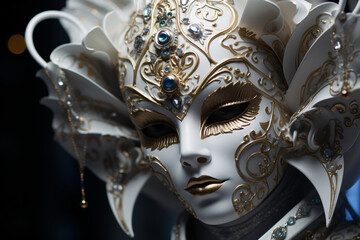 the Carnival of Venice. female participant of the performance, a girl in a white festive outfit and mask. Venetian masquerade.