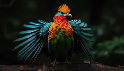 Obraz premium Vibrant gold and blue macaw perching on branch in rainforest generated by AI