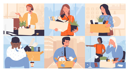 Dismissal from employment set vector illustration. Cartoon office layoff scenes with happy or sad employees carrying boxes with things, man and woman leave workplace at termination of contract