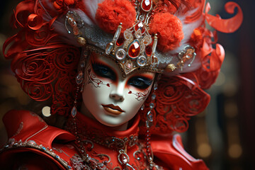 Carnival of Venice. female participant of the performance, a girl in a fiery festive outfit and a red mask. Venetian masquerade.