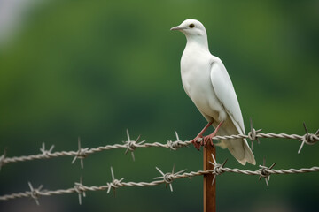 Obraz premium White dove of freedom on Pakistan flag background and barbed wire, concept Kashmir Solidarity Day 5th Feb