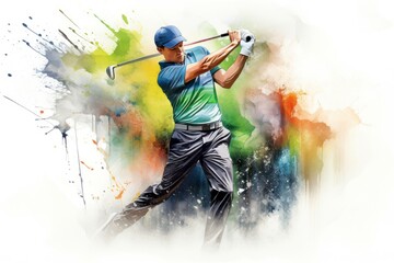 Golf player watercolor. Club summer flag. Generate Ai