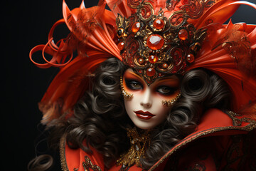 Fototapeta premium Carnival of Venice. female participant of the performance, a girl in a fiery festive outfit and a red mask. Venetian masquerade.