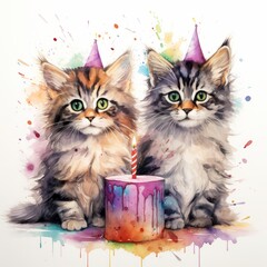 Happy birthday greeting card clip art watercolor illustration of Happy cats. Happy birthday greeting card illustration theme. For banners, posters, gift cads, advertising. AI generated.