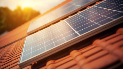 Closeup solar panels, photovoltaics on red roof tiles of house with sunlight. Concept eco alternative electricity source for life