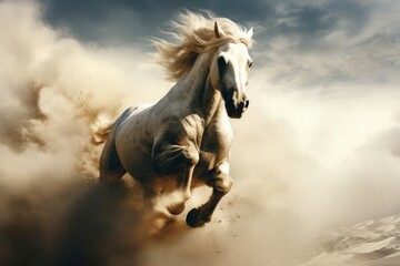 Fototapeta premium Swift Horse wild running through clouds. Beautiful mammal. Generate Ai
