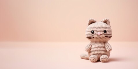 Pink knitted kitty on a pastel pink background with copy space.