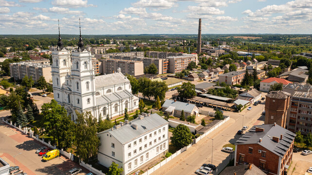Aerial photo from drone to Daugavpils Roman Catholic church of the Blessed Virgin Mary on a beautiful sunny summer day. Daugavpils, Latvia, Latgale, Europe