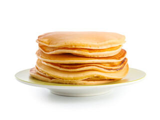 Plate with tasty pumpkin pancakes on white background