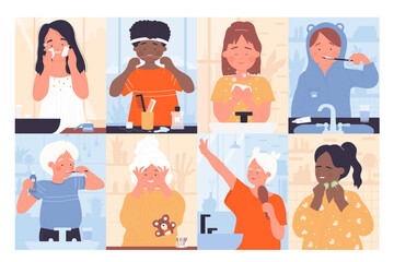 Kids morning routine set vector illustration. Cartoon happy school children wash and play, brush teeth in bathroom in front of mirror, daily hygiene and care of health of cute little boys and girls