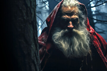 Dark evil Santa Claus waiting in a dark forest (Generative AI)